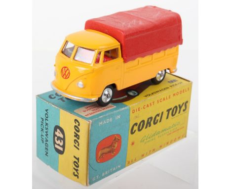 Corgi Toys 431 Volkswagen Pick-Up, yellow body, red plastic canopy, red interior, spun shaped wheel hubs, in near mint origin