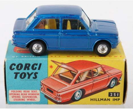 Corgi Toys 251 Hillman Imp, metallic blue body, yellow interior, shaped spun wheel hubs, complete with suitcase, operating in