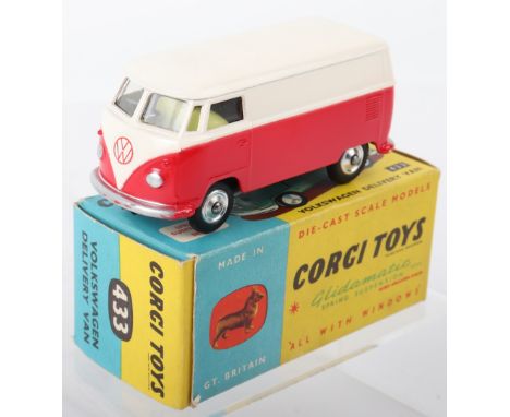 Corgi Toys 433 Volkswagen Delivery Van, two tone red/white body, yellow interior, spun shaped wheel hubs, in near mint origin