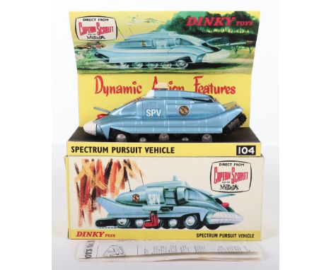 Dinky Toys 104 Spectrum Pursuit vehicle direct from Captain Scarlet, metallic blue, with Captain Scarlet figure, one missile 