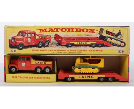 Matchbox Kingsize K-8 Tractor and Transporter ‘Laing’ Scammell 6 x 6 tractor, metal wheel hubs with trailer, orange with ‘Lai