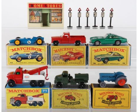 Six Matchbox Lesney Regular Wheels Boxed Models, 52b B.R.M. Racing Car, in E3 box, 71a Army water Truck, repro box, 71b Jeep 