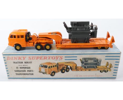French Dinky Supertoys 898 Berliet Transformer Lorry, orange truck and trailer, yellow concave hubs, grey transformer with al