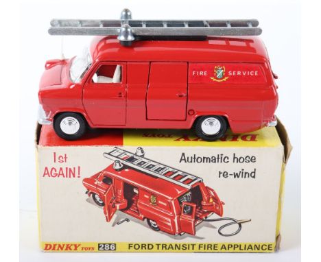 Dinky Toys 286 Ford Transit Fire Appliance, red body, white interior, spun wheel hubs, removable ladder, automatic hose, 2 fi