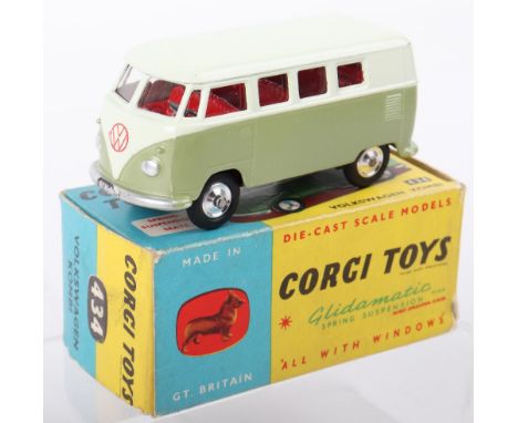 Corgi Toys 434 Volkswagen Kombi Van, light metallic green, pale green body, red interior, spun shaped wheels, number plates a