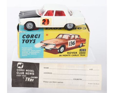 Corgi Toys 322 Rover 2000 International Rally Finish, white body, gloss black bonnet, red interior, cast wheel hubs, ‘Sun Ral