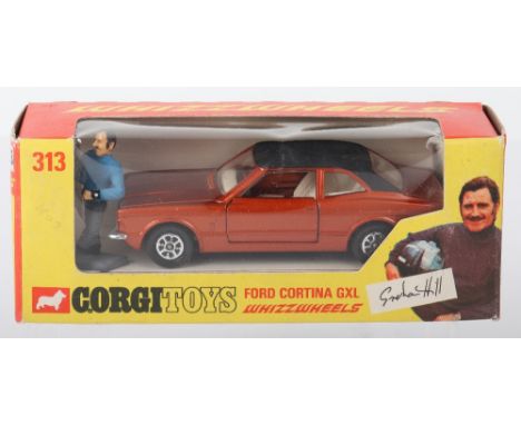 Corgi Toys 313 Graham Hills Ford Cortina GXL, metallic bronze body, mat black roof, Whizzwheels, with Graham Hill figure, in 