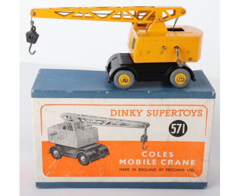 Dinky Toys 571 Coles Mobile Crane, yellow/black body, in excellent original condition, two packing pieces, instruction leafle