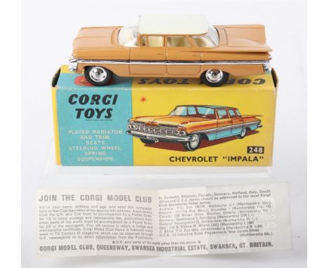 Corgi Toys 248 Chevrolet “Impala” tan body, cream roof/interior, chrome side stripe, shaped spun wheel hubs, in mint original