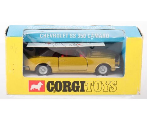 Corgi Toys 338 Chevrolet SS 350 Camaro ‘Golden Jacks’ take off wheels, gold body, red interior, detachable black hard top, in