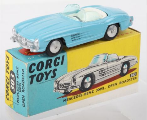 Corgi Toys 303 Mercedes-Benz 300SL. Open Roadster, blue body, white seats,&nbsp;blue tinted windscreen, flat spun wheel hubs,