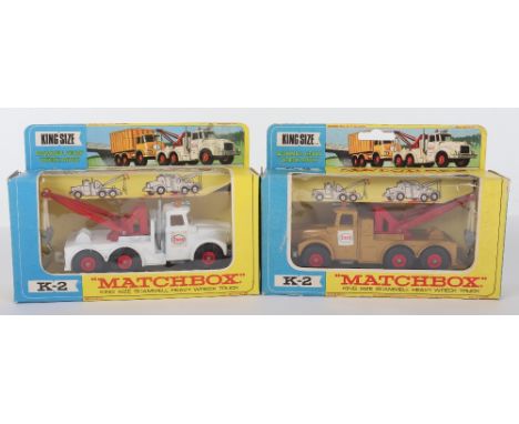 Two Matchbox Lesney King Size K-2 Scammell Heavy Wreck Truck  Models ‘Esso’ 1.white body red jib/wheel hubs, silver hook 2. g