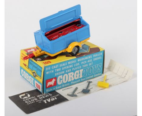 Corgi Toys 109 Pennyburn Workmen’s Trailer, blue body, yellow chassis, cast wheel hubs, complete with pick-axe, shovel, and b