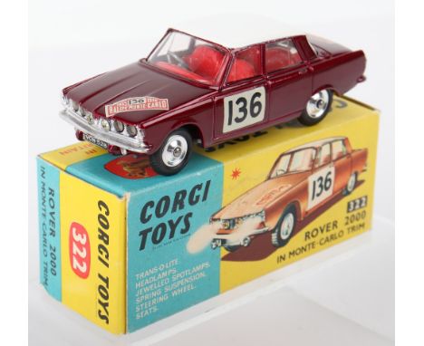 Corgi Toys 322 Rover 2000 In Monte Carlo Trim, metallic maroon body, white roof, red interior ‘136’ shaped spun wheels, in ne