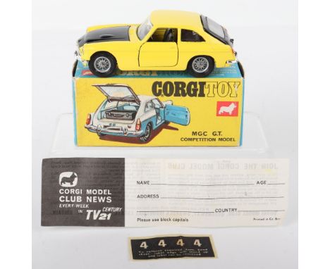 Corgi Toys 345 MGC GT Competition Model, yellow body/black bonnet/tailgate, black interior, spoked wheels, with suitcase, in 