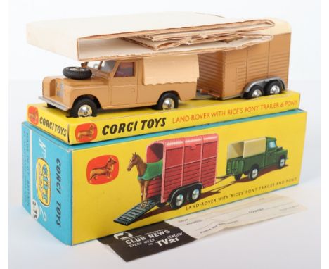 Corgi Toys Gift Set No 2 Land-Rover with Rice’s Pony Trailer and Pony, light brown Land-rover, cream plastic tilt, shaped spu