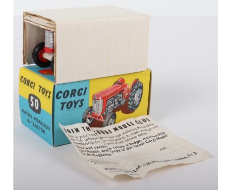 Boxed Corgi Toys 50 Massey-Ferguson 65 Tractor, bright red bonnet, red metal wheel hubs, pale grey chassis, silver plastic st