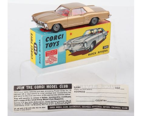 Corgi Toys 245 Buick Riviera, Trans -O-Lite headlamps, gold body, red interior, cast wheel hubs, in near mint condition, some