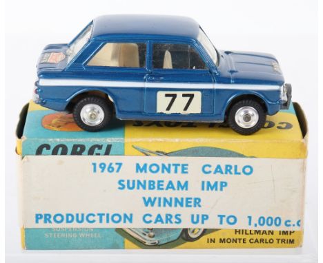 Corgi Toys 340 Sunbeam Imp 1967 Monte Carlo winner, metallic dark blue, white side flash, white interior, spun shaped wheel h