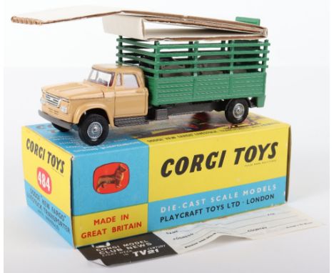 Corgi Toys 484 Dodge “Kew Fargo” Livestock Transporter with Animals, beige cab, red interior, green stake body, five pigs/pig