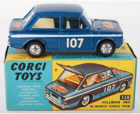 Corgi Toys 328 Hillman Imp 1966 Monte Carlo Trim, metallic dark blue, white side flash, white interior, spun shaped wheel hub