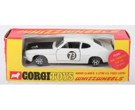 Corgi Toys Whizzwheels 303 Roger Clarks 3 Litre V.6. Ford Capri, white body, mat black bonnet, black interior, model is in mi