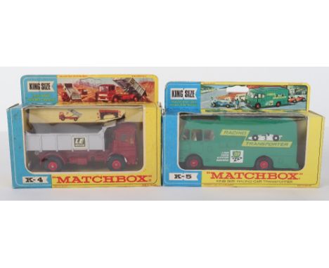 Two Matchbox Lesney King Size Models, K-4 Leyland Tipper, maroon cab, silver tipper ‘Le Transport’ label, K-5 Racing Car Tran