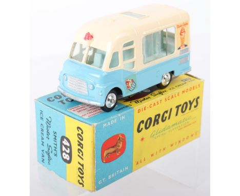 Corgi Toys 428 Smiths Mr Softee Ice Cream Van, cream/blue body, ice cream salesman figure, spun shaped wheels, model is near 