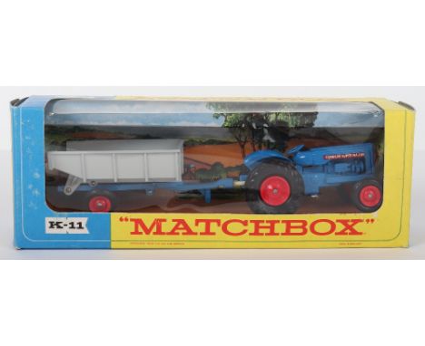 Matchbox Kingsize K-11 Fordson Super Major Tractor and Farm trailer, blue tractor, grey blue trailer, blue metal steering whe