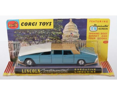 Scarce Corgi Toys 262 Lincoln Continental Executive Limousine, featuring illuminated T.V. screen, light blue body, tan roof, 