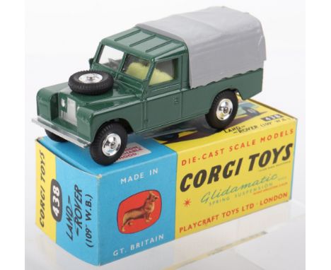 Corgi Toys 438 Land Rover 109 WB, dark green body, lemon interior, grey plastic canopy tilt, metal tow hook, spun shaped whee