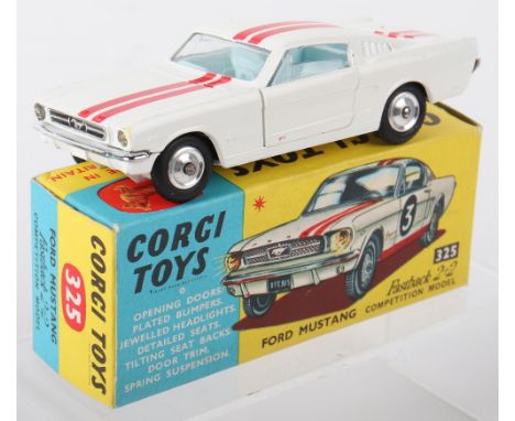 Corgi Toys 325 Ford Mustang Fastback 2+2 Competition Model, white body, red stripes, light blue interior, scarce shaped spun 