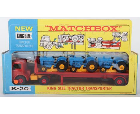 Matchbox Lesney King Size K-20 Ford D800 Tractor Transporter, red cab/trailer/plastic wheel hubs, yellow petrol tank, three b