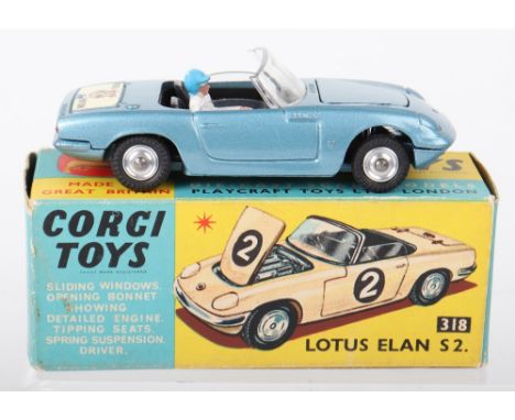 Corgi Toys 318 Lotus Elan S2. metallic blue, driver, spun wheel hubs ‘Ive got a tiger in my tank’ decal on boot, in mint orig