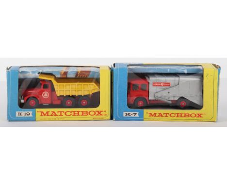 Two Boxed Matchbox Series King Size Models, K-7 S.D. Refuse Truck, red/silver body, red Cleansing service labels, red plastic