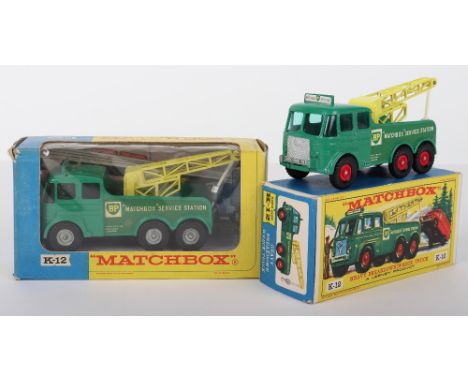 Two Matchbox Lesney King Size K-12 Foden Heavy Breakdown Wreck Trucks ‘BP Matchbox service Station’ 1.green body, silver gril