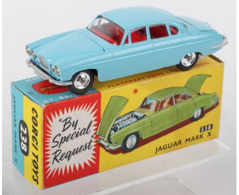 Corgi Toys 238 Jaguar Mark X, pale blue body, red interior, shaped spun wheel hubs, in near mint original condition, complete