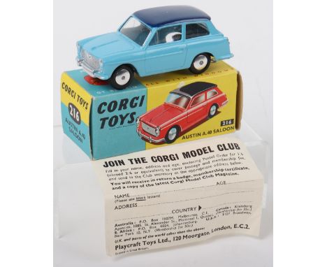 Corgi Toys boxed 216 Austin A.40 Saloon, light blue with dark blue roof, smooth hubs, boxed with Corgi club leaflet, excellen