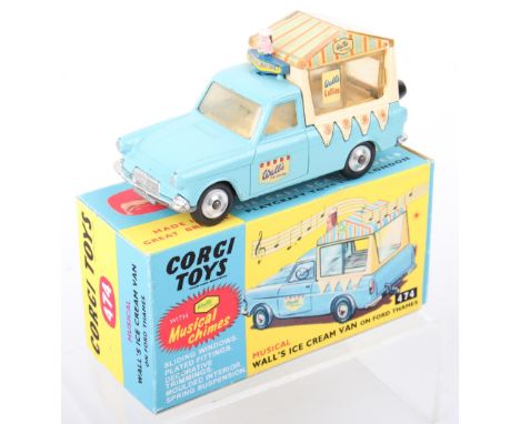 Corgi Toys 474 Musical Walls Ice Cream Van on Ford Thames, blue/cream body, spun shaped wheel hubs, musical chimes partly wor