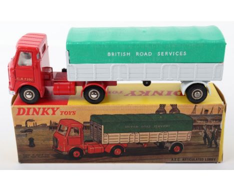 Dinky Toys 914 A.E.C. Articulated Lorry ‘British Road Services’ red cab, light grey trailer, green plastic tilt, chrome domed