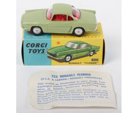 Corgi Toys 222 Renault “Floride” olive green body, red interior, flat spun wheel hubs, in mint original condition, with a Sca