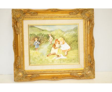 Ceramic painted framed tile signed CMG