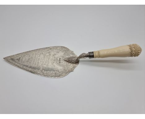 An Edwardian ivory handled silver presentation trowel,&nbsp;by Barker Brothers, Chester 1906, 33cm. 