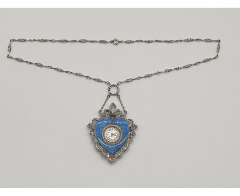 (NB) A rare Edwardian yellow and white metal heart shaped pendant watch, decorated with blue guilloche enamel and set rose cu
