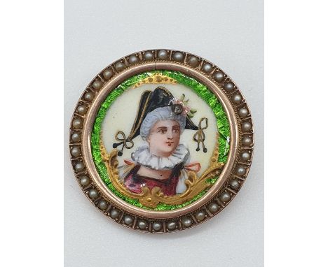 (NB) A late 19th century Limoges coloured enamel circular brooch, decorated Columbine wearing a bicorn hat set single diamond