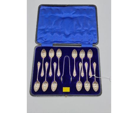 A cased set of twelve silver teaspoons and matching sugar tongs, by&nbsp;R F Mosley &amp; Co, Sheffield 1912, 138g. 