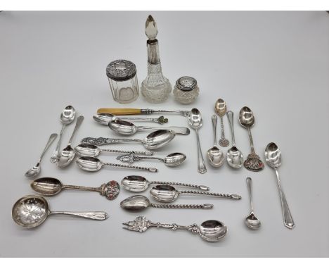 A quantity of silver and sterling teaspoons, 226g; together with three silver mounted cut glass containers, a silver pickle f