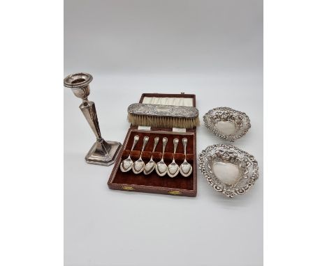 A cased set of six silver teaspoons, by&nbsp;Atkin Bros, Sheffield 1952 with Coronation mark; together with a silver mounted 