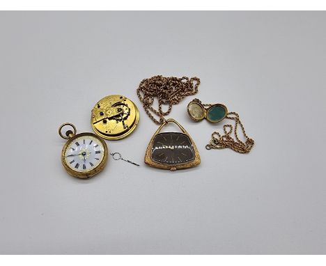 A yellow metal fob watch, stamped 18; together with a gold plated pendant watch and chain; a pocket watch movement; and a 9ct