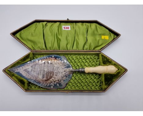 A cased Victorian ivory handled silver plated presentation trowel,&nbsp;engraved presentation to 'Mrs Selby, Stoke Newington 